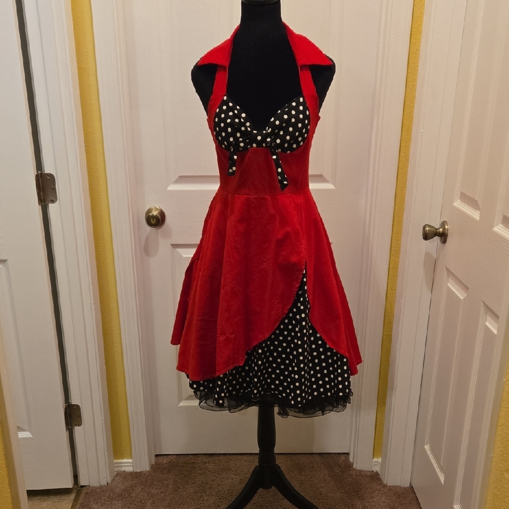Red and Black Polka Dot 50s Pinup Halter Dress